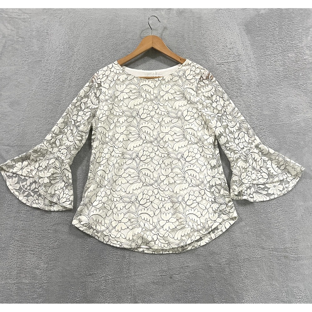 Elle Top Blouse Womens Medium Crochet Floral Print Bell Sleeves Boho Cottagecore